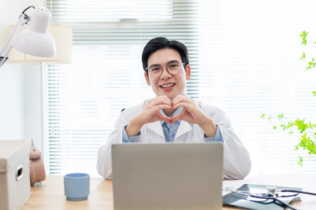 In a bright office setting, a young Asian doctor creates a friendly atmosphere as he forms a heart shape with his hands, engaging with patients online and promoting wellness.の写真素材