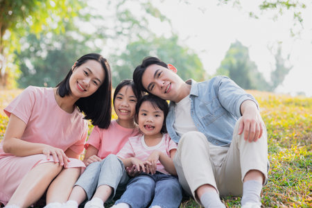A family of four gathers on a grassy area under trees, displaying warm smiles and laughter. They...