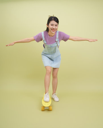 A young woman balances on a yellow skateboard, arms outstretched, wearing a purple shirt and denim overalls, in a soft pastel green room. Her smile reflects joy and confidence while skateboarding.の写真素材