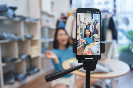A young Asian woman engages her audience while streaming a live fashion haul. She is surrounded by...