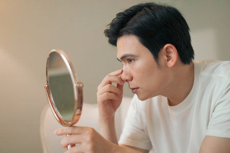 In a serene indoor setting, a young Asian man is focused on putting in contact lenses while gazing into a mirror, highlighting a personal grooming moment during a quiet morning.の写真素材