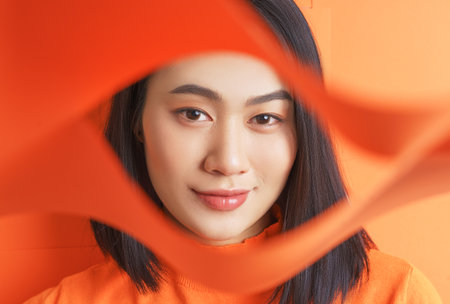 A young woman with dark hair is posed in front of a vibrant orange backdrop. She is wearing an orange top and appears joyful as flowing fabric adds a dynamic touch.の写真素材