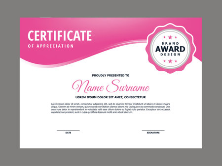 Abstract Smooth Certificate with Fresh Pink Wavy Element Design, Professional, Modern, Elegant Certificate with Magenta Mesh Gradient Background Template Vectorのイラスト素材