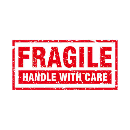 Abstract Red Grungy Fragile Rubber Stamp Sign Illustration Vector, Fragile Handle with Care Text Seal, Mark, Label Design Templateのイラスト素材