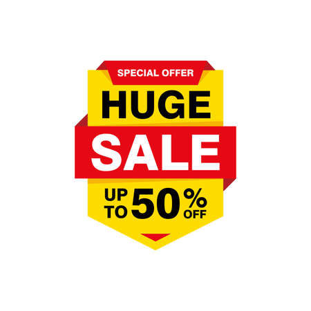 Simple Flat Red Yellow Huge Sale Banner Isolated on White Background Design, Discount Offer Banner Template Vector for Advertising, Social Media, Web Bannerのイラスト素材