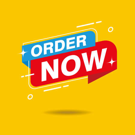 Simple Flat Order Now Text Banner with Red and Blue Color Isolated on Yellow Background Design, Order Now Element Template Vector for Advertising, Social Media, Web Bannerのイラスト素材