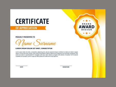 Abstract Smooth Certificate with Yellow Wavy Element Design, Professional, Modern, Elegant Certificate with Yellow Flow Mesh Gradient Background Template Vectorのイラスト素材
