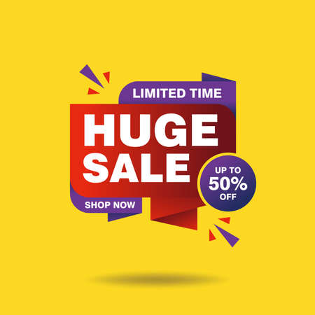 Simple Flat Huge Sale Banner with Purple and Red Color Isolated on Yellow Background Design, Huge Sale Element Template Vector for Advertising, Social Media, Web Bannerのイラスト素材