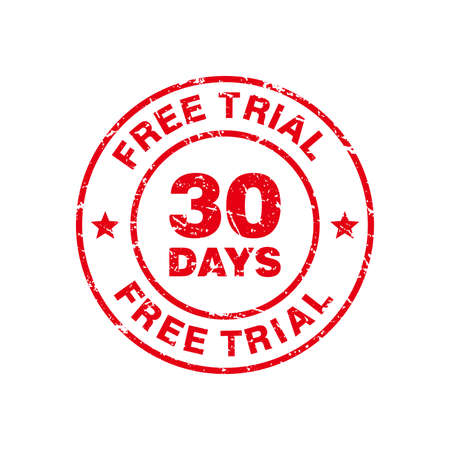 Abstract Red Grungy 30 Days Free Trial Rubber Stamp Sign with Circle Shape Illustration Vector, Free Trial Text Seal, Mark, Label Design Templateのイラスト素材