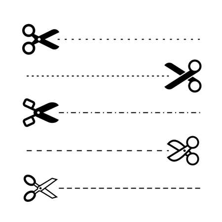 Set of Simple Flat Scissors Icon with Cut Line Illustration Design, Silhouette Scissors Symbol Collection Template Vectorのイラスト素材