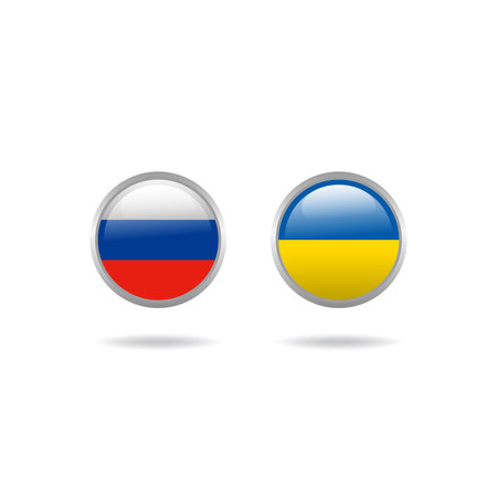 Russia and Ukraine Flag in 3d Button Illustration Design, Russia vs Ukraine Shiny Icon Template Vectorのイラスト素材