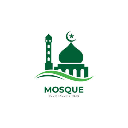 simple green mosque logo design, modern islamic logo with wavy element template vectorのイラスト素材