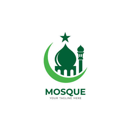 simple green mosque logo design, modern islamic logo with mosque, moon and star shape illustration vectorのイラスト素材