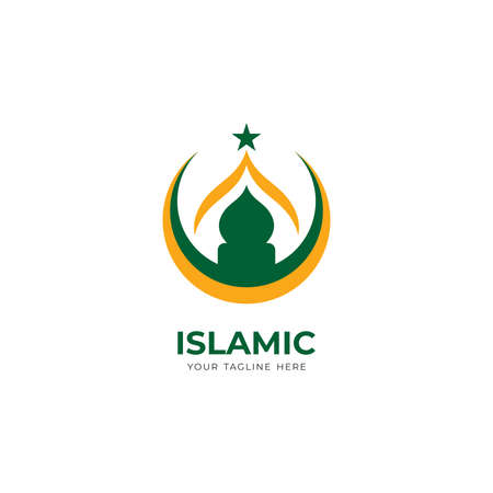 simple islamic logo design, modern islamic logo with mosque, moon and star shape vectorのイラスト素材