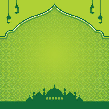 green islamic background design with mosque and lanterns shape, islamic background template vectorのイラスト素材