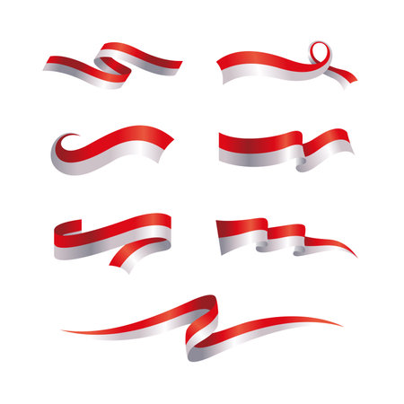 set of indonesia flag ribbon vector, wavy indonesia flag collectionのイラスト素材
