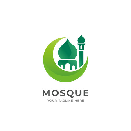 simple green mosque logo design, modern islamic symbol with mosque and moon shape vectorのイラスト素材
