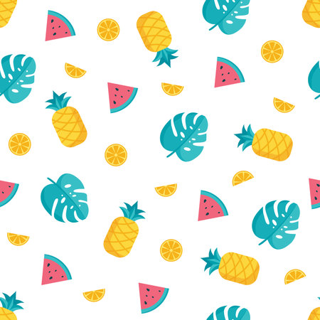 colorful summer seamless pattern design, fruit and leaf pattern template vectorのイラスト素材