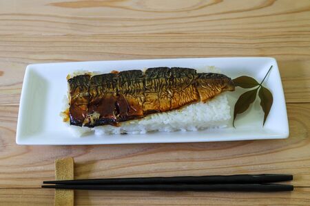 the grilled mackerel sushi on the palteの写真素材