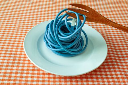 blue LAN cable on the white dish