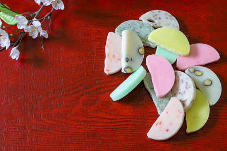 dried rice cakes on the lacquered boardの写真素材