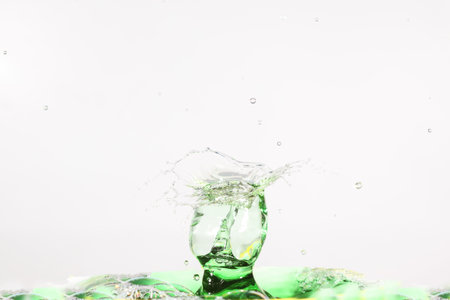 High speed photography of water droplet in a white background.の写真素材