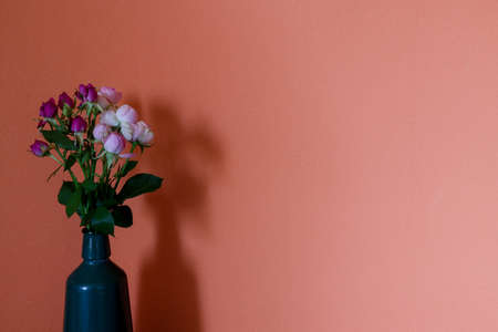 Bouquet of roses in blue glass bottle in a orange wall background.の写真素材