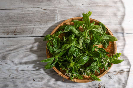Basil on the bamboo colander on the wooden table.
