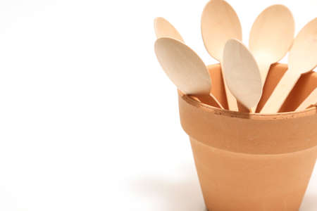Wooden spoons in the flower pot isolated on a white background.の写真素材