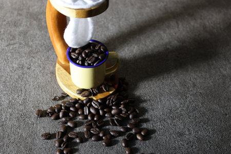 Coffee beans with Nel drip on a gray background.の写真素材