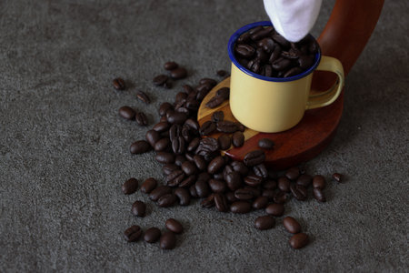 Coffee beans with Nel drip on a gray background.の写真素材