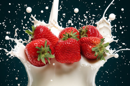 Strawberries and milk splash on a black background.の写真素材