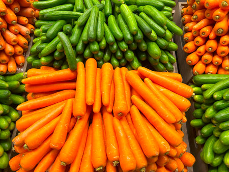A pile of carrots and cucumbers in a market.の写真素材