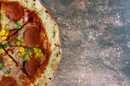 Pizza isolated on a marble pattern background.の写真素材