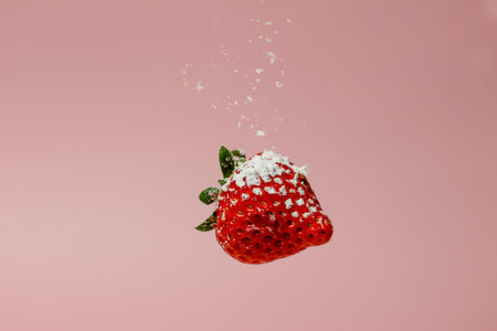 Strawberries  Strawberry covered with powdered sugar in falling on a pink background.の写真素材