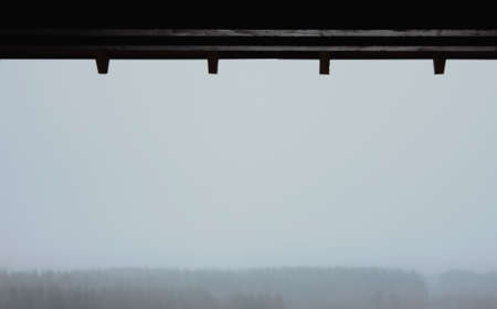 gutters on the roof with a foggy view of the forest on a rainy autumn day