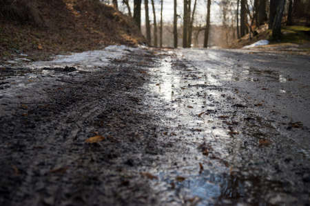 construction site of new road in forest in winter with snow and mudの写真素材