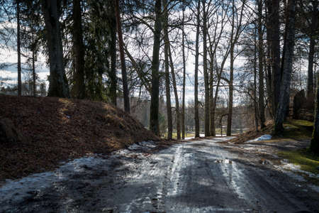 dirty mud road in winter with water on the surface. sunny day with snowの写真素材