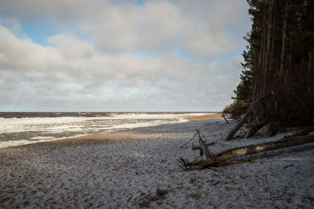 Seaside landscape with blue skies and pushed ice blocks on the seashore.の写真素材