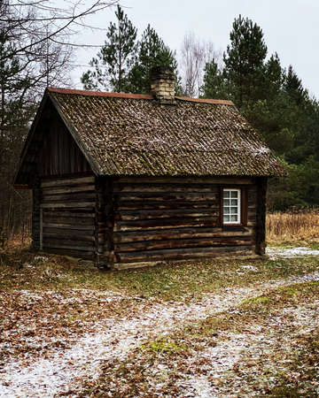 Wooden sauna log house in the woods in winter. Distinctly brown wood. Orange autumn leaves and a little snow on the road can be seen on the road.の写真素材