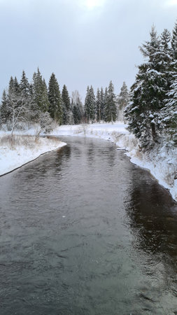 Winter snow forest river view. Winter forest river landscape. Snowy winter forest river scene. Winter forest river. blue skyの写真素材