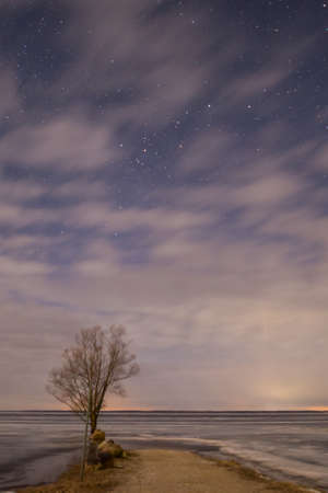 one lone tree on the lake shore at night with starry skies and clouds. Access road to the lake. Night landscape. Long exposureの写真素材
