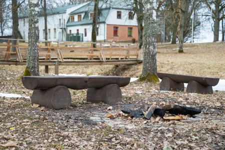 wooden bench made of logs and a fireplace in nature. Rest place in the park. spring landscapeの写真素材