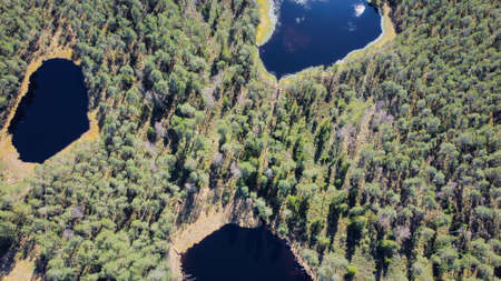 Aerial shot.Perfectly blue water lake with smaller lakes next to it, shot directly from the air,...