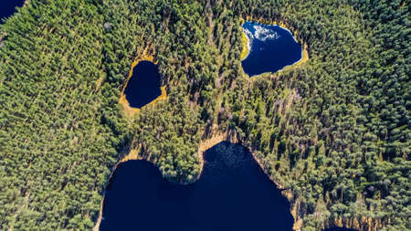 Aerial shot.Perfectly blue water lake with smaller lakes next to it, shot directly from the air, reminiscent of a land surrounded by a pine forest. Drone photographyの写真素材