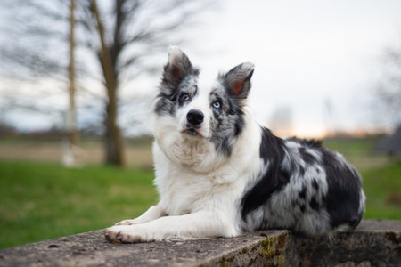 Border collie lying on concrete structures at sunsetの写真素材