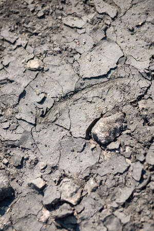 Dry cracked land of a lake because of a long dry seasons, top view, close up.