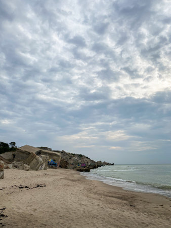 Northern forts Liepaja, Latvia on the Baltic coast. Collapsed concrete buildings by the sea.の写真素材