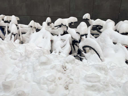 Bicycle parking, after heavy snowfall. Snow-covered rental bikes, at snowy day. End season. Closeupの写真素材