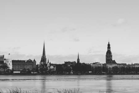 Panorama view from Riga cathedral on old town of Riga at sunset in winter, Latviaの写真素材